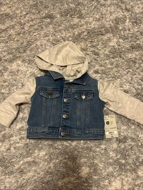 okie dokie Blue Denim Jacket with Light Gray Hood & Sleeves